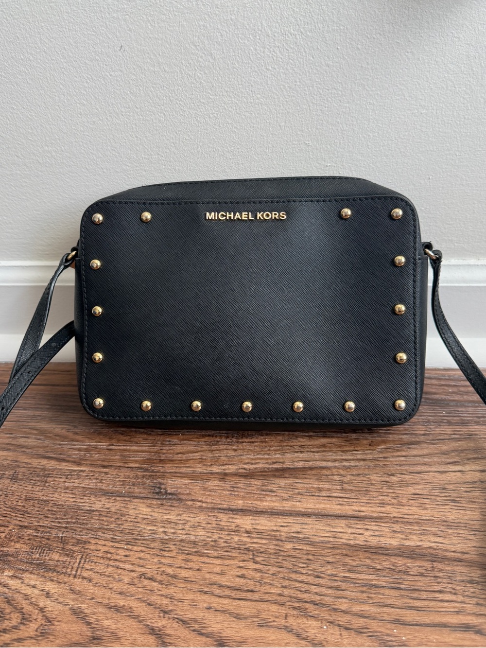 Michael Kors Black Sandrine Studded Saffiano Leather Crossbody Bag